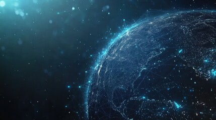 Obraz premium Abstract digital background featuring a glowing Earth with interconnected nodes, representing the internet, blockchain technology, and global data exchange, high-tech business and communication theme.