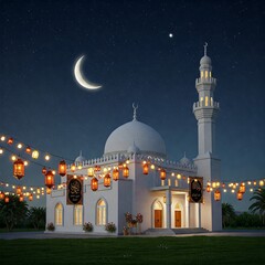 A stunning night scene of a beautifully illuminated mosque under a starry sky with a crescent moon.