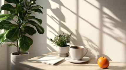 Realistic photography of a potted plant in a simple indoor setting with natural light and neutral background