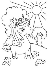 Cute unicorn coloring. Unicorn on a meadow with flowers, trees. Black and white coloring.