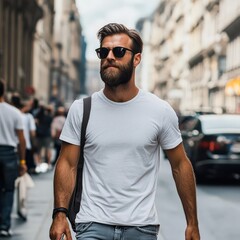 A hipster guy with a beard and sunglasses, wearing a casual t-shirt and jeans, walking down a busy street