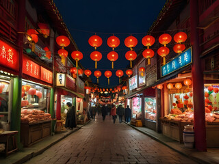 Obraz premium A Street of Red Lanterns: A vibrant and bustling night street in a historic Chinese town, adorned with countless red lanterns casting a warm glow over the cobblestone pathway and bustling crowds.