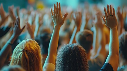 Attendees at a conference raising their hands to ask questions, symbolizing engagement, interaction, and active participation in a professional learning environment, emphasizing the value