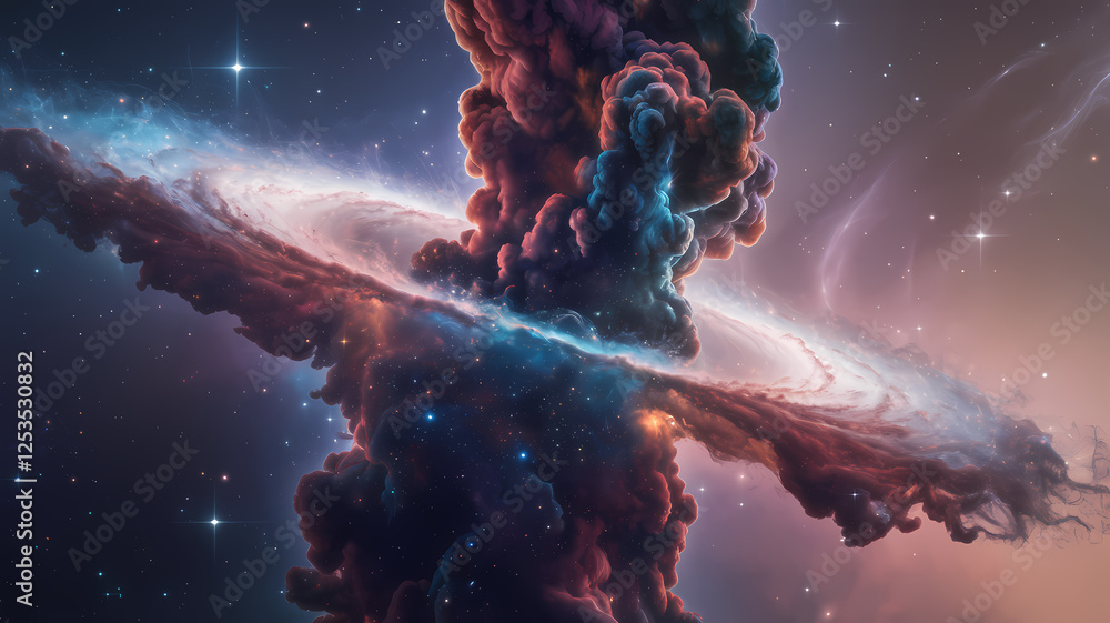 Poster ethereal cosmic cloud swirling around a vibrant galactic core, with bursts of color illuminating the
