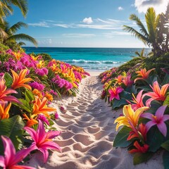 A sandy path lined with vibrant flowers leads to a serene ocean under a clear blue sky.