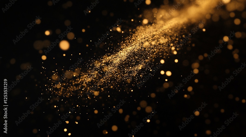 Poster golden sparkling dust particles floating in the dark space shimmering light effect