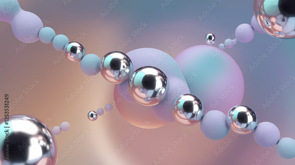 Poster shimmering spheres and soft pastel forms intertwine in a mesmerizing dance, creating an ethereal com