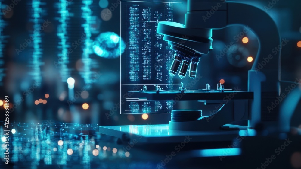 Poster high tech microscope displaying digital data on a transparent screen symbolizes the fusion of tradit