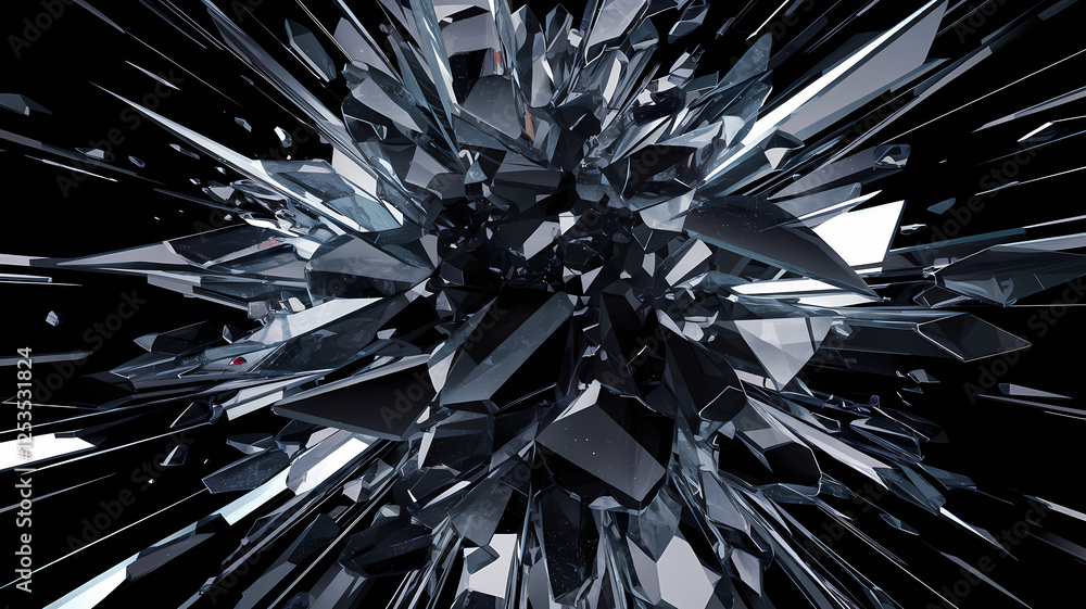 Poster shattered reflections burst from the center, creating an explosion of sharp angles and intense light