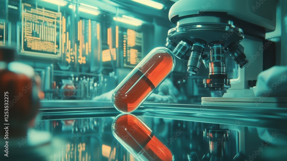Poster high tech laboratory scene featuring a large capsule under a microscope. digital screens display dat