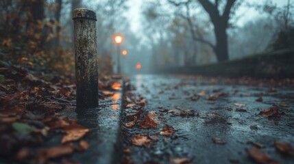 Obraz premium Misty evening walk along lonesome path urban park autumn ground level tranquil atmosphere nature's beauty in the city