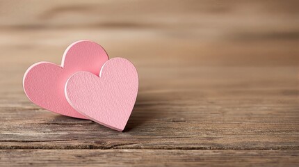 Fototapeta premium Pink wooden hearts on rustic wooden surface minimalist composition for Valentine's Day