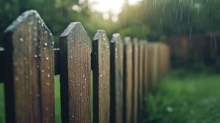 Rainy day reflections wooden fence close-up backyard natural light macro perspective serenity and calmness in nature's embrace
