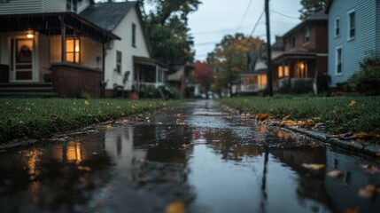 Rainy day reflections on a quaint neighborhood street suburban homes photographic scene overcast environment low angle view tranquility and nostalgia
