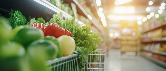 Fresh produce in cart, supermarket aisle
