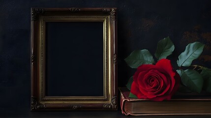 Love Background, Red Rose Flower with Vintage Books and Ornate Photo Frame, Elegant Still Life Decoration
