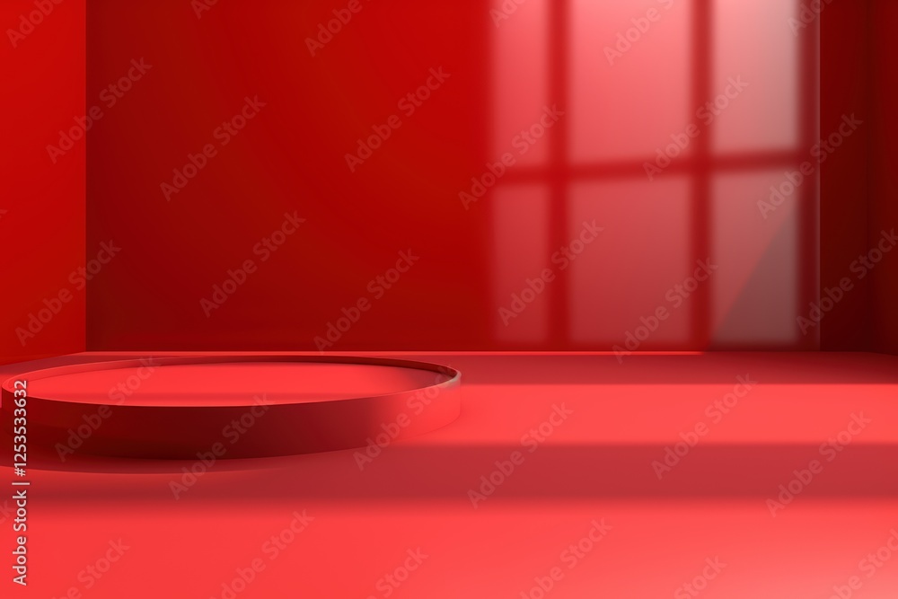 Poster abstract red interior with round platform and light shadows highlighting the wall and corner in a mi