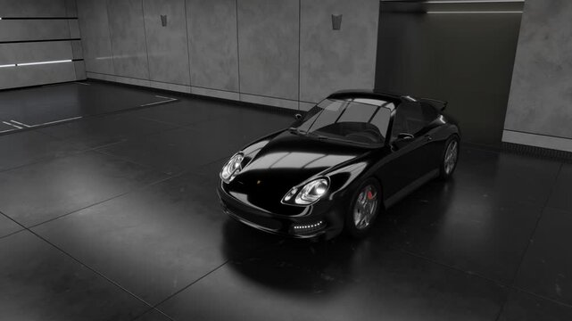 Sports car in a dark studio garage, shimmery lighting, caustic reflections glare. 4K UHD 3840x2160 3D professional render high quality.