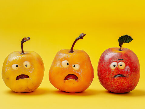 Ugly fruits on a bright yellow background, free space, scary apples with funny faces 