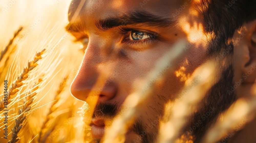 Poster close-up portrait of man in field surrounded by wheat and sunlight