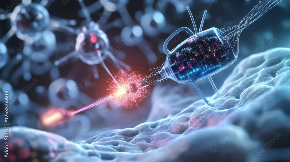 Poster illustration of nanotechnology in action, showcasing a futuristic device targeting cells at a micros