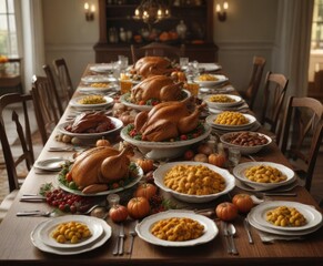 Fototapeta premium A traditional Thanksgiving meal spread across a long dining table, turkey, side dishes, banquet