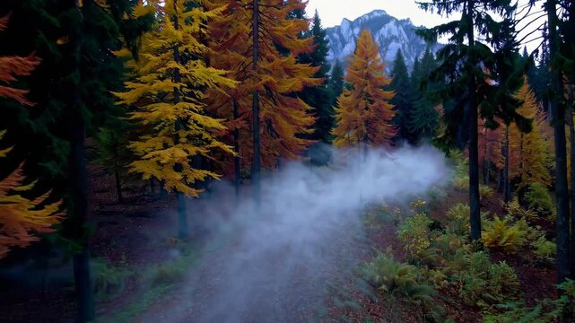 beautiful mountain landscape with autumn forest. Amazing mystical fog forest landscape