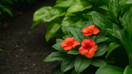 Vibrant orange flowers bloom among lush green leaves in serene garden setting, creating peaceful atmosphere