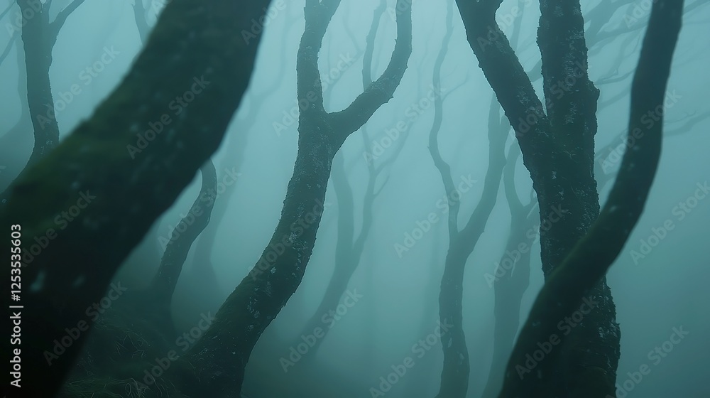 Poster whispering fog, ethereal mist coils through a tranquil forest, enveloping ancient trees in a mysteri