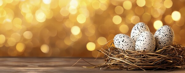 Decorated Eggs In Nest On Wooden Surface