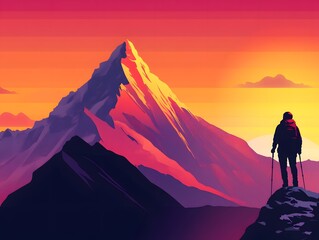 Fototapeta premium Majestic Mountain Sunrise with Hiker Silhouette in Vibrant Colors