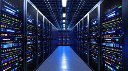 Fototapeta premium Modern Server Room Interior With Glowing Lights