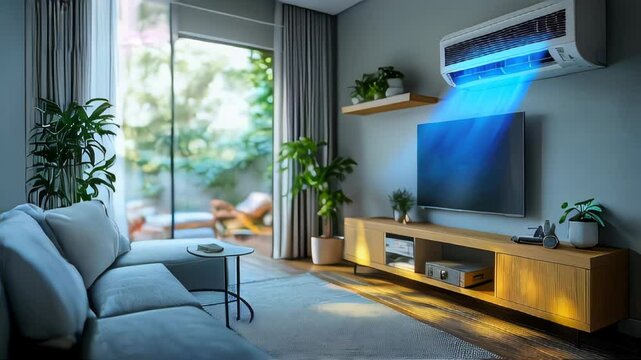 Modern living room with an air conditioner blowing cool air, featuring a stylish and cozy interior