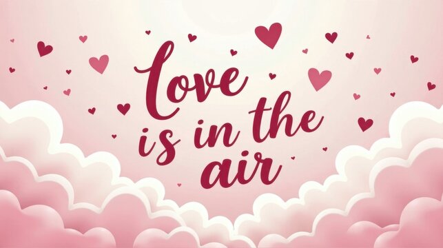 Love is in the Air - Valentine's Day card, lettering phrase, hearts and pink cloudes on pink background	
