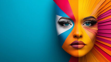 Vibrant face painting with colorful designs, showcasing artistic expression and creativity. striking colors and patterns create captivating visual impact
