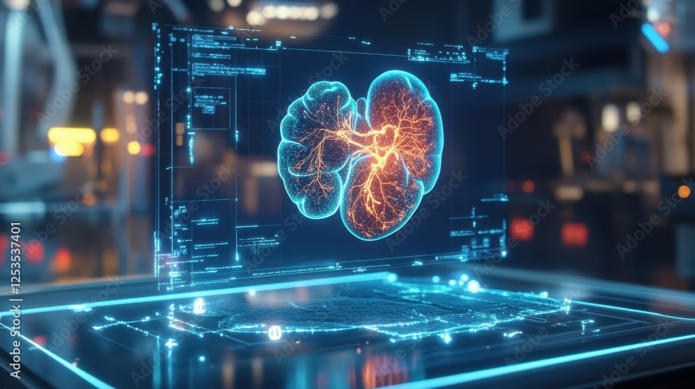 Poster advanced digital representation of a brain with neural pathways illuminated, showcased on a high tec