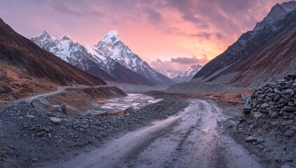 Mountain road at sunset, Himalayas, scenic valley, travel