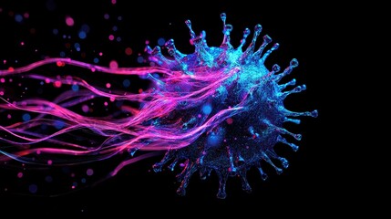 Fototapeta premium Abstract representation of a virus infiltrating a network, neon-colored data streams, glitch effects, and cyber attack warnings, isolated on dark background, copy space for digital security concept. 