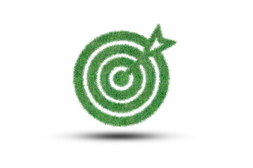 Isolation of Dartboard with arrow from green grass on white background for setup business and environment objective goal and target concept.