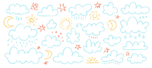 Pastel crayon clouds. Cute happy childish chalk clouds, naive Sun Moon sky weather chalky elements, doodle hand drawn sketch elements for kids design. Vector isolated set