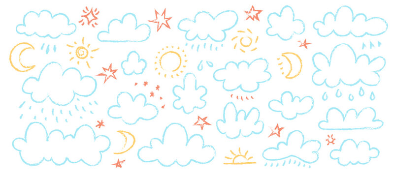 Pastel crayon clouds. Cute happy childish chalk clouds, naive Sun Moon sky weather chalky elements, doodle hand drawn sketch elements for kids design. Vector isolated set
