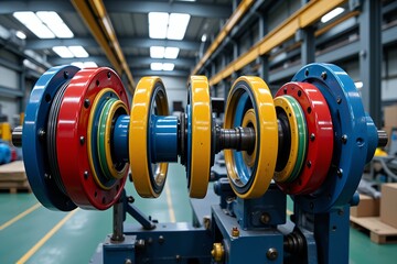 Obraz premium Colorful Industrial Machinery Close up Rotating Wheels and Gears in Factory Setting