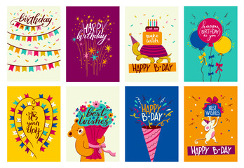 Fototapeta premium Happy Birthday card. Cartoon celebrate party comic postcard with funky 90s elements, creative invitation sweet desserts and funny balloons. Vector birthday celebration banner