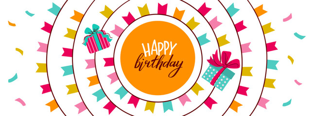 Birthday doodle background. Card with gift cake balloons confetti festive elements, party and anniversary print for holiday card design. Vector birthday texture