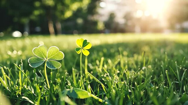 Vibrant Four Leaf Clover on Green Grass Symbolizing Luck and Prosperity