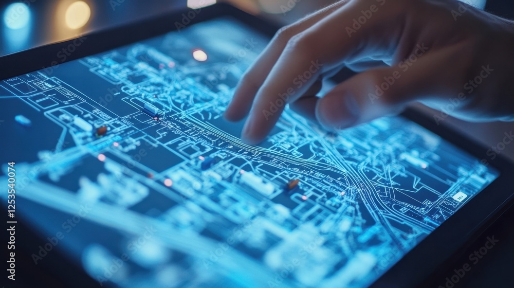 Poster hand interacts with a glowing digital map on a touchscreen device, showcasing advanced technology an