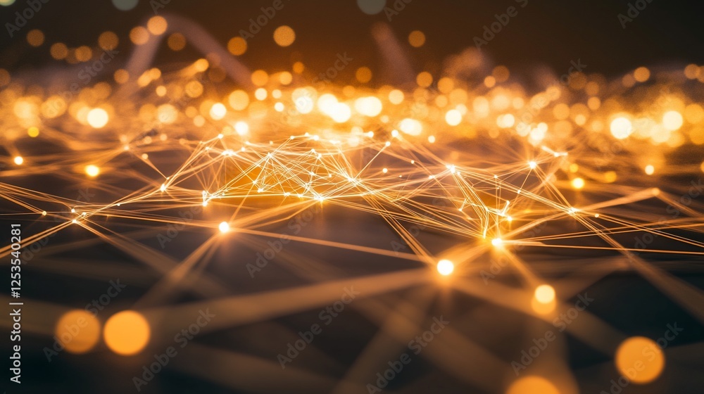 Poster abstract network of luminous interconnected lines and glowing dots on a dark surface