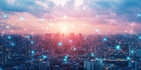 Futuristic cityscape with digital network at sunset