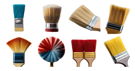 Variety of Paint Brushes in Diverse Shapes and Colors for Painting, isolated on transparent background