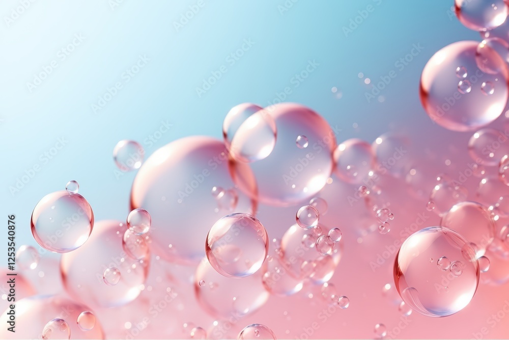 Poster bubbles floating in air against a soft gradient background of blue and pink, capturing light and ref